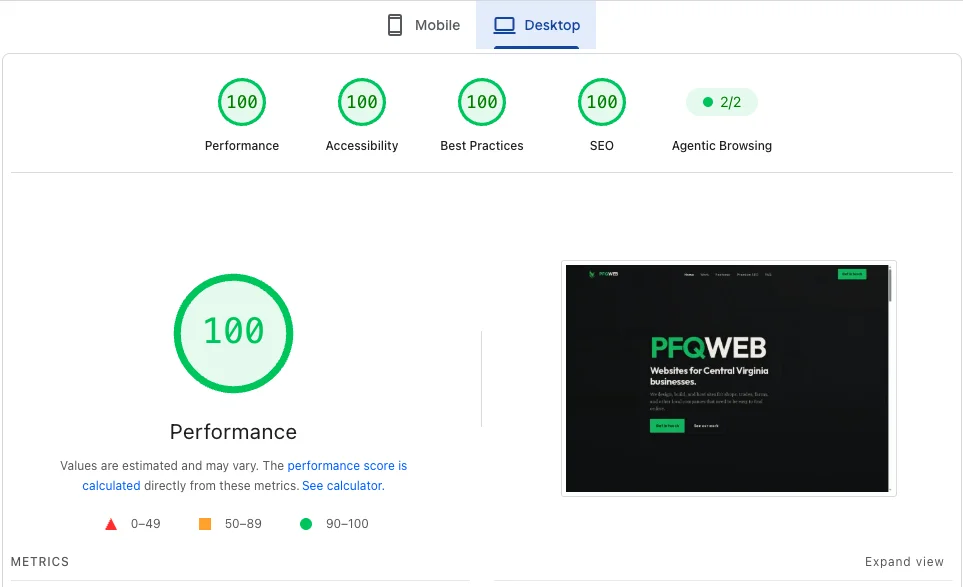 PageSpeed Insights desktop report for pfqweb.com showing Performance, Accessibility, Best Practices, and SEO all at 100