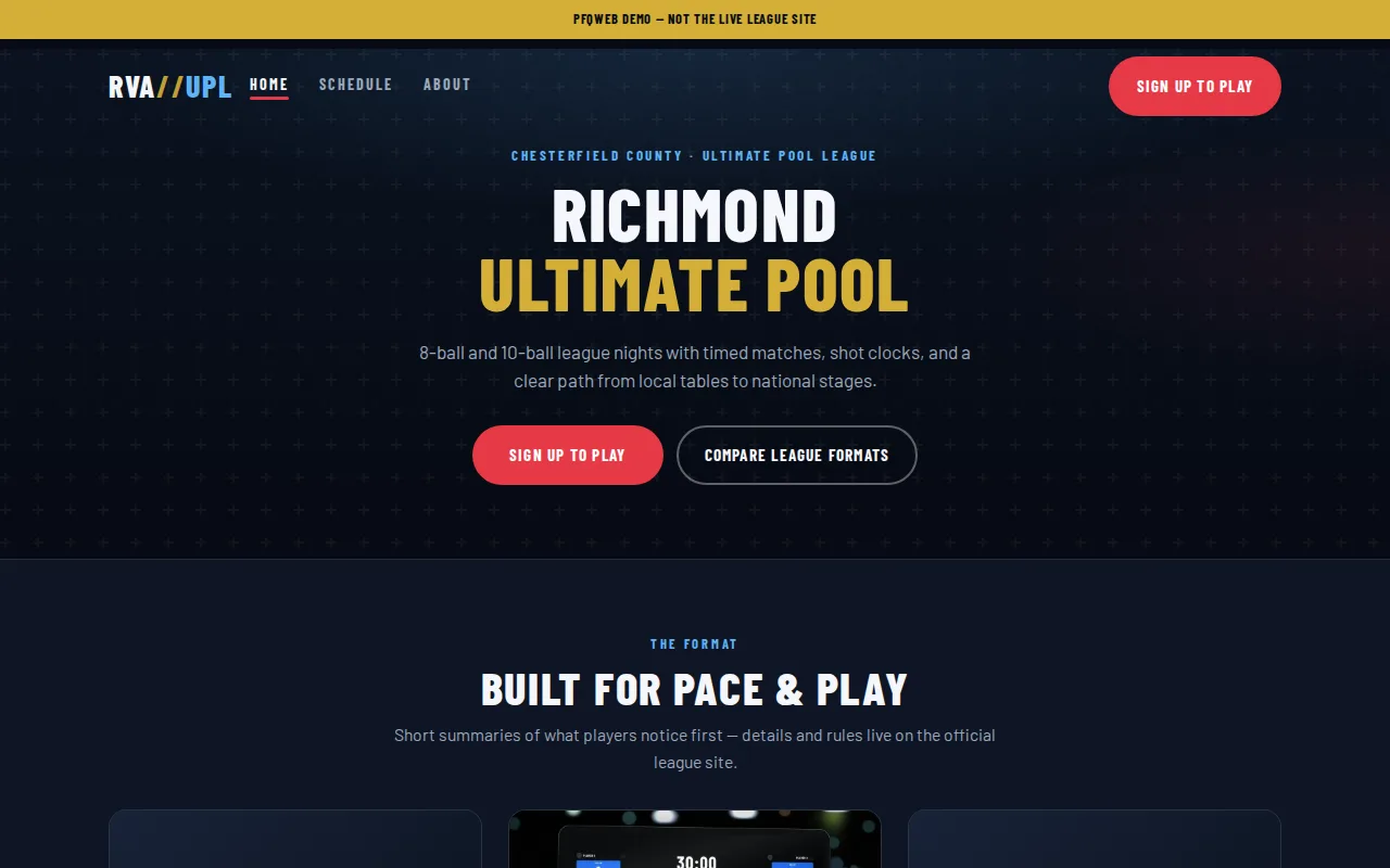 Richmond Ultimate Pool demo homepage with league night schedule