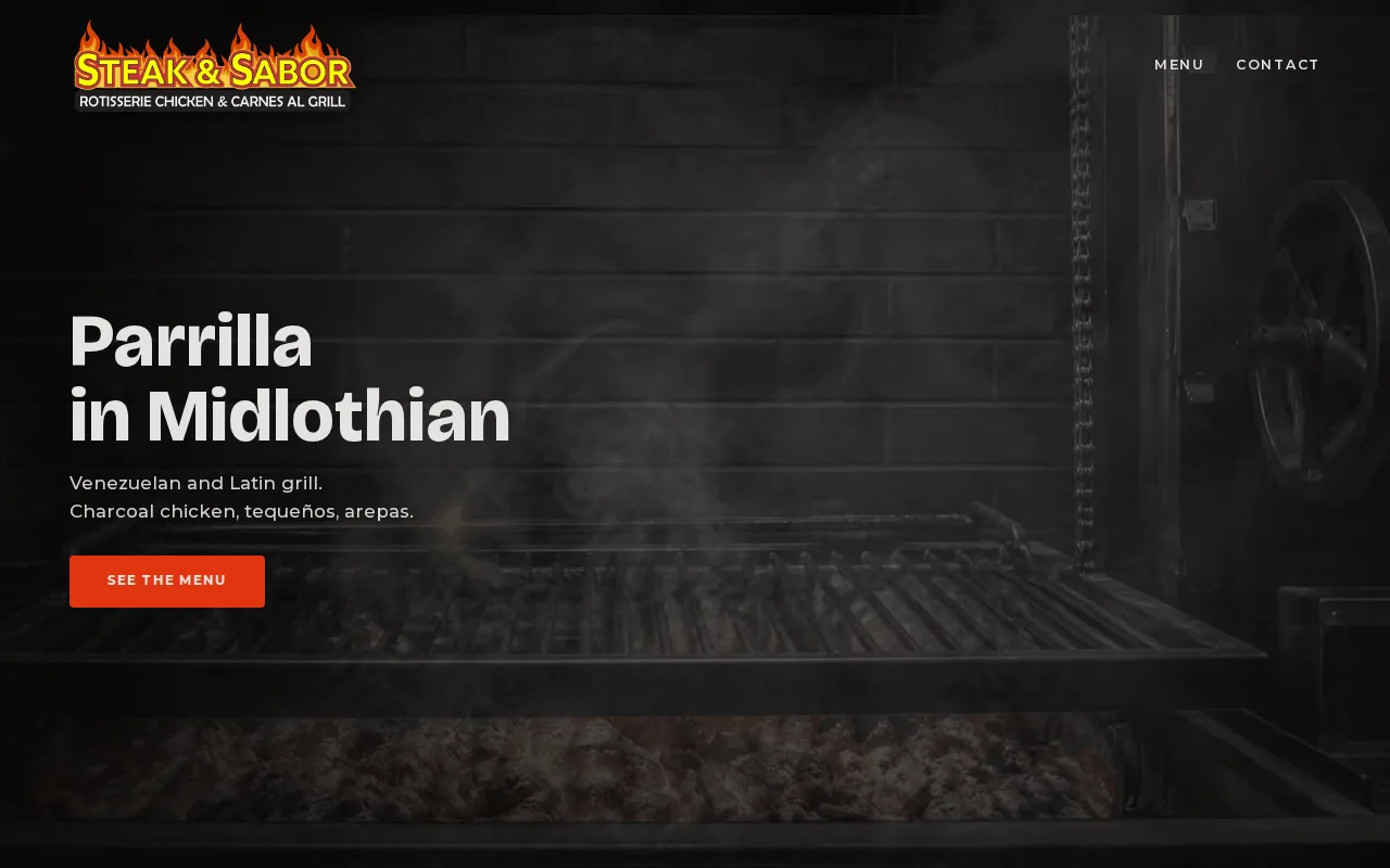 Steak and Sabor demo homepage showing Venezuelan and Latin grill branding